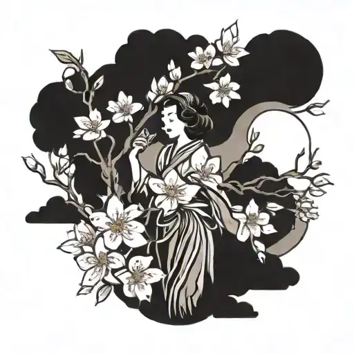 woman cherry blossom trees tattoo design idea