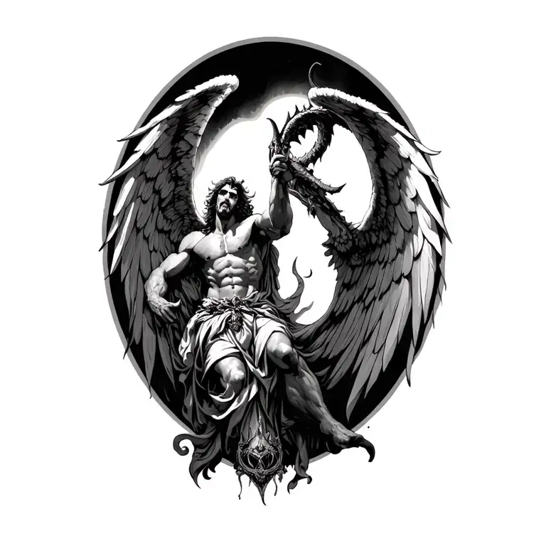 michael archangel slaying satan hell alcohol tattoo design idea