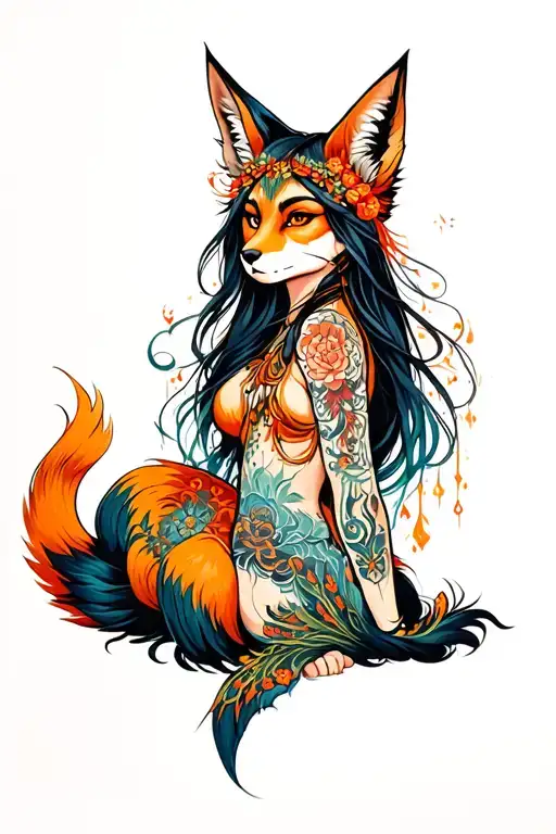 fox spirit woman tattoo design idea