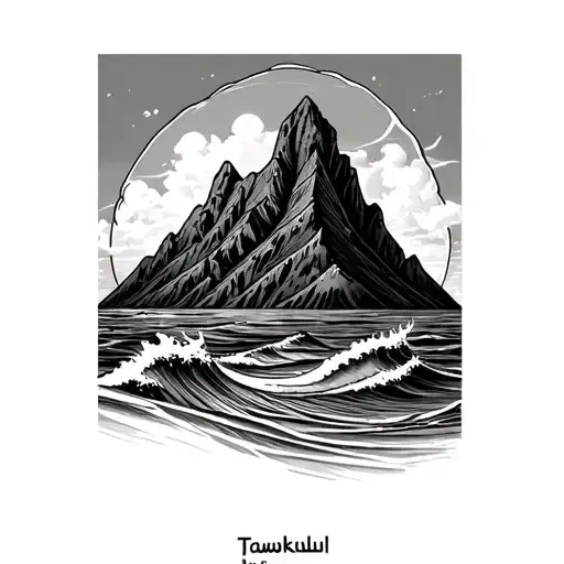 Tawakkul in arabic with Table mountain and some waves tattoo design idea