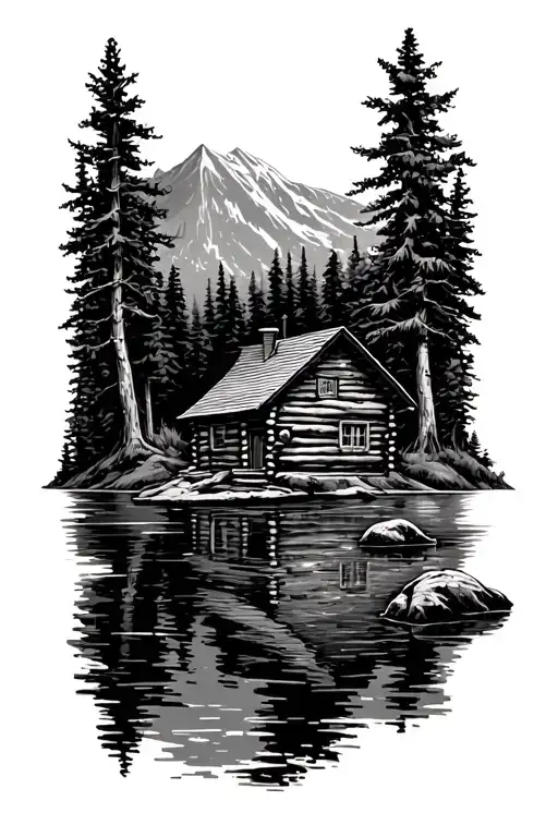 Lake with log cabin on hill overlooking tattoo design idea