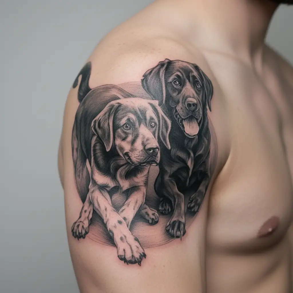 A portrait style tattoo of your son Cameron and nephew Blake playing with your black lab Porter tattoo design idea