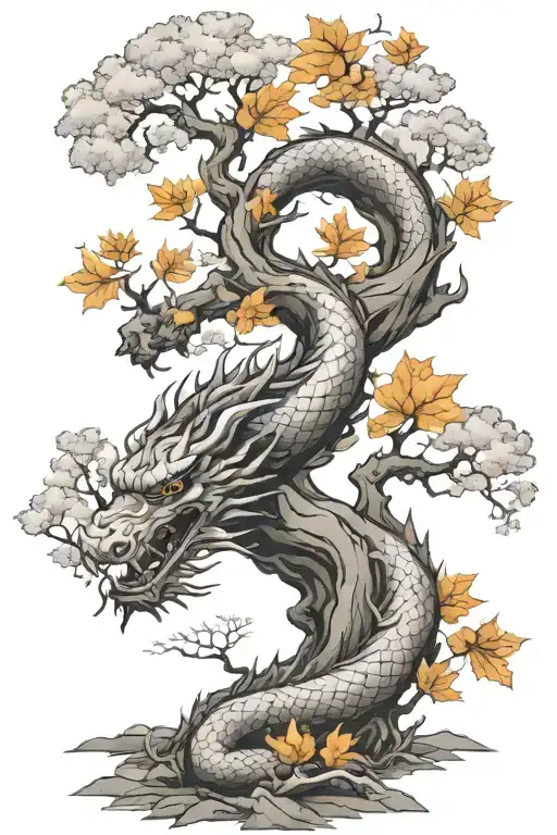 old oak tree few coloured leaves Japanese dragon tattoo design idea