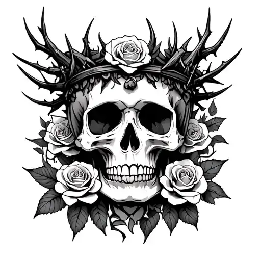 sant muerta skull with thorn crown and small roses all over  tattoo design idea