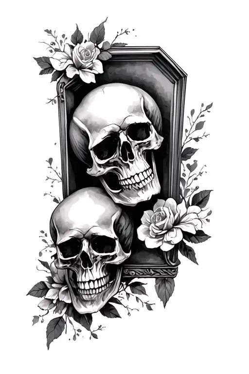 two skulls, loving eachother,  casket frame tattoo design idea