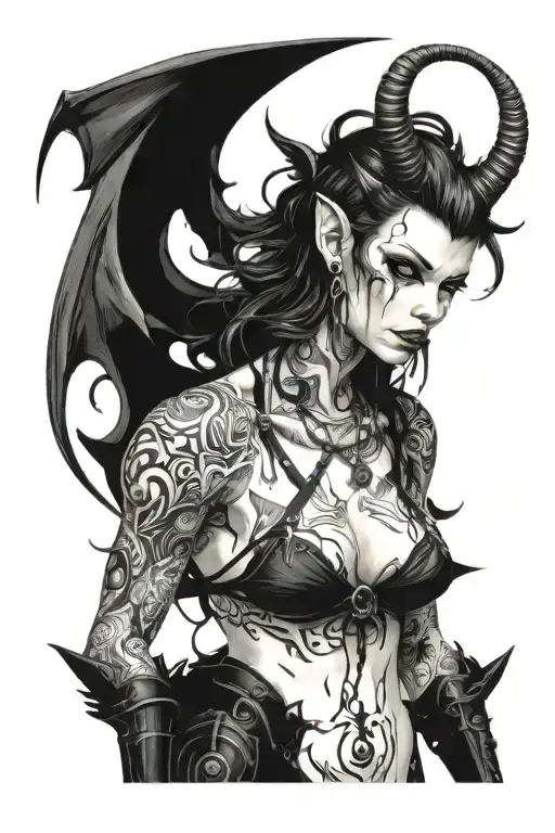 Sexy Pale Girl, petite, big boobs, wide hips, G-String. Messy hair, demonic horns, sexual. Seductive smile. Full Body tattoo design idea