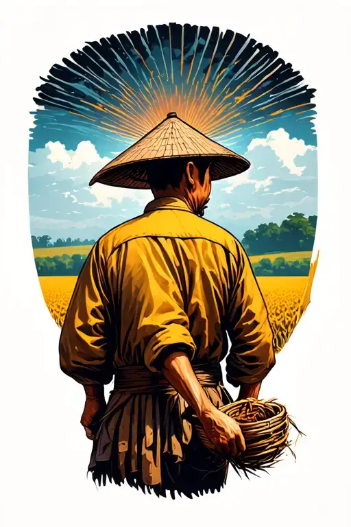story of the Chinese farmer working in field facing away stoicism tattoo design idea