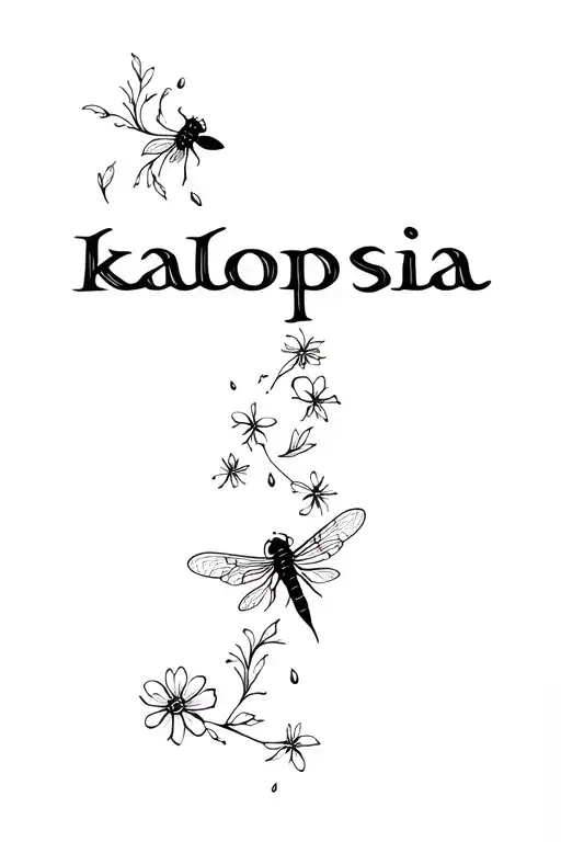 word " kalopsia" with firefly insect and flowers falling from the firefly. minimalist tattoo design idea