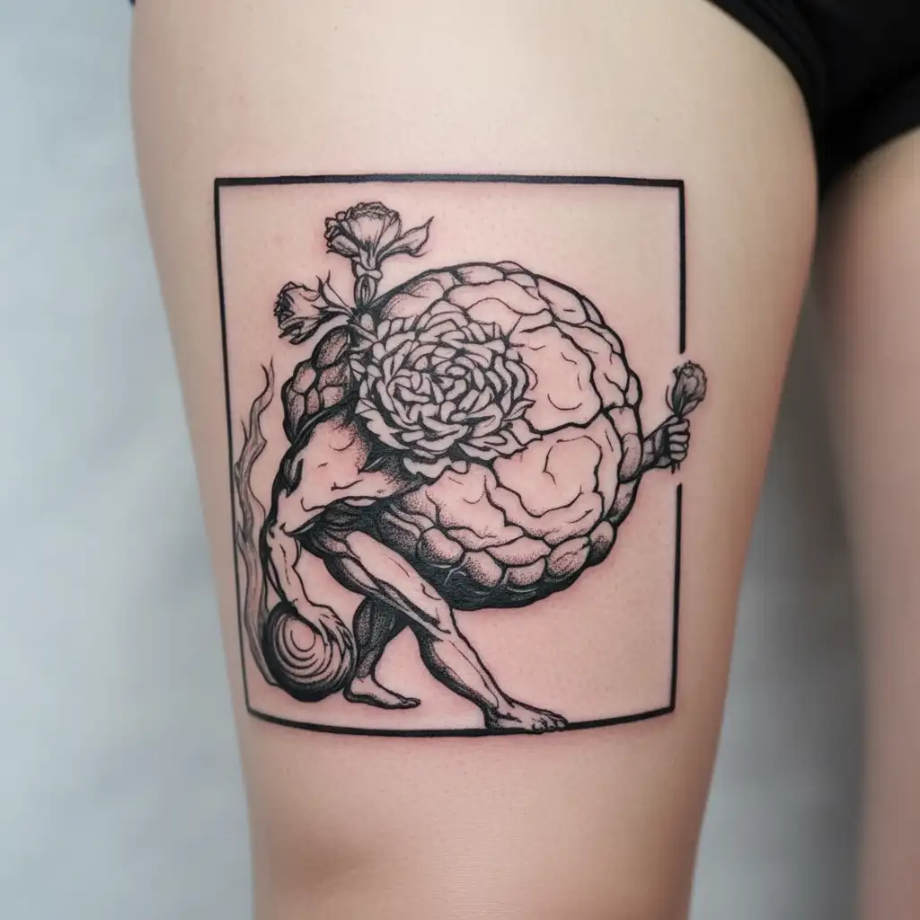 sisyphus pushing a carnation flower tattoo design idea