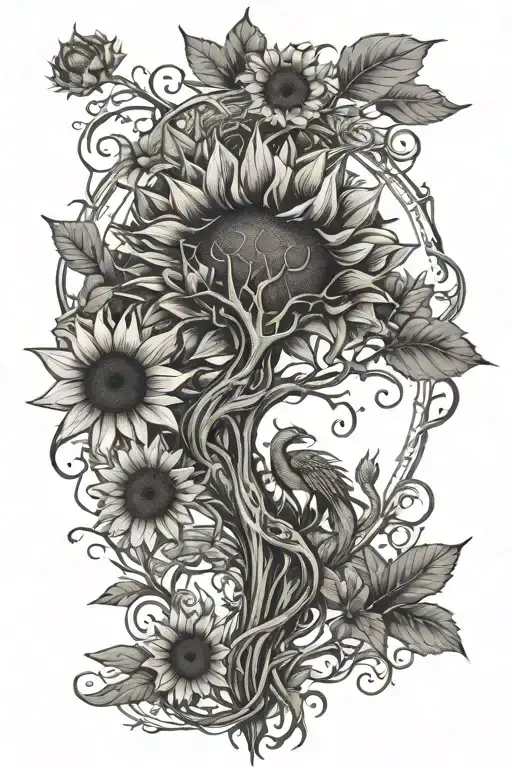 sunflower with tree of life and dragon around it for forearm  tattoo design idea