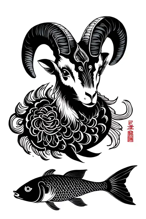 The symbol of ram, Gemini and fish in Japanese style tattoo design idea