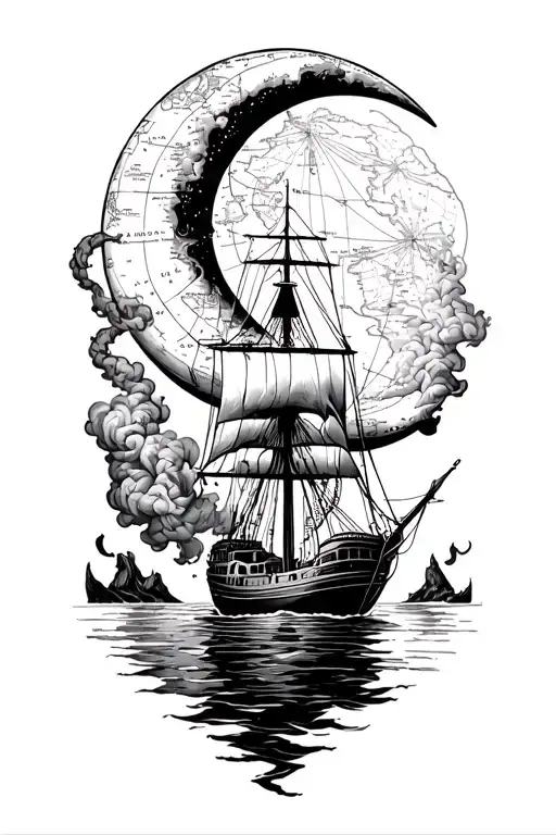ship fading into smoke forming a coiled rope intertwined with a half moon outlined by a nautical map tattoo design idea