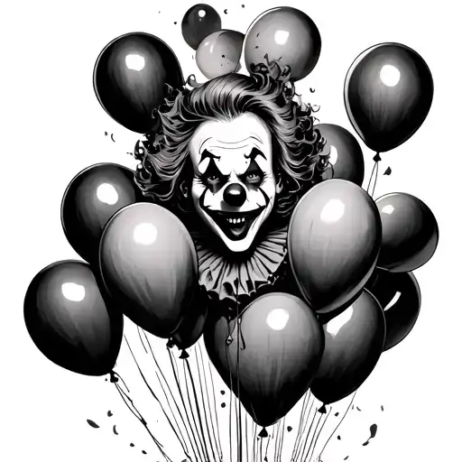 scary clown inside balloons stuck tattoo design idea