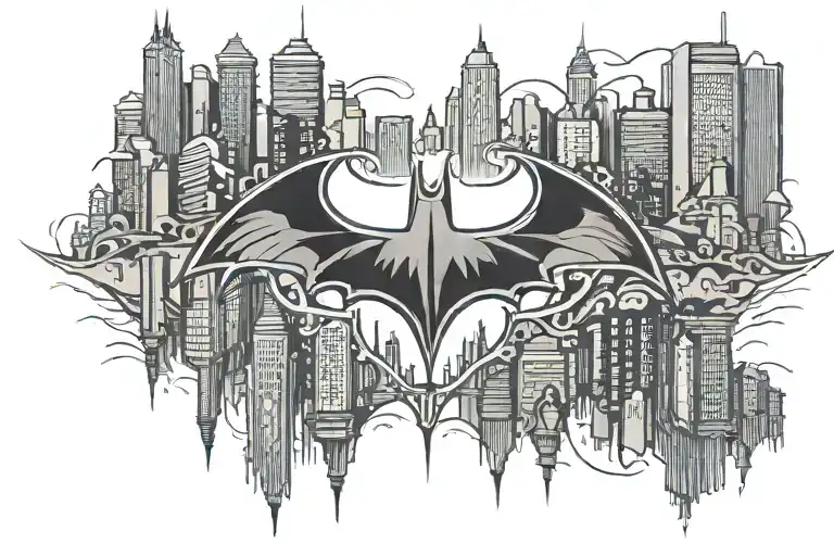 elegant and minimalist tattoo design, consider a silhouette of the Batman logo formed by Gotham city buildings tattoo design idea