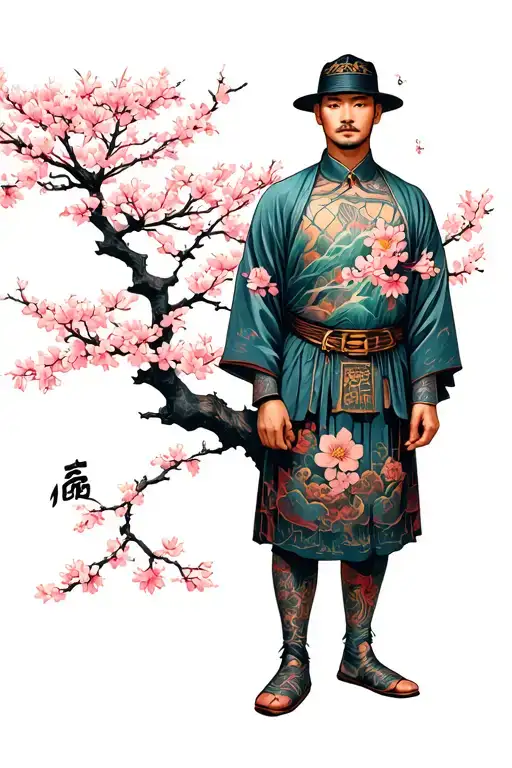 Sakura flowers, landscape, man standing tattoo design idea