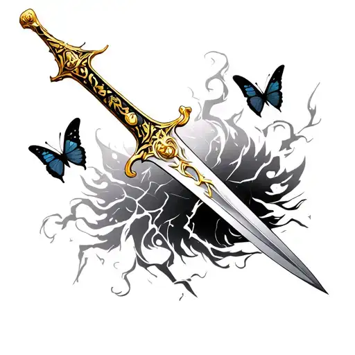 golden anime sword with lightning and butterflies tattoo design idea