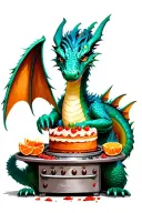 A whimsical scene of a dragon baking a cake in a magical kitchen filled with enchanted ingredients tattoo design idea