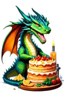 A whimsical scene of a dragon baking a cake in a magical kitchen filled with enchanted ingredients tattoo design idea