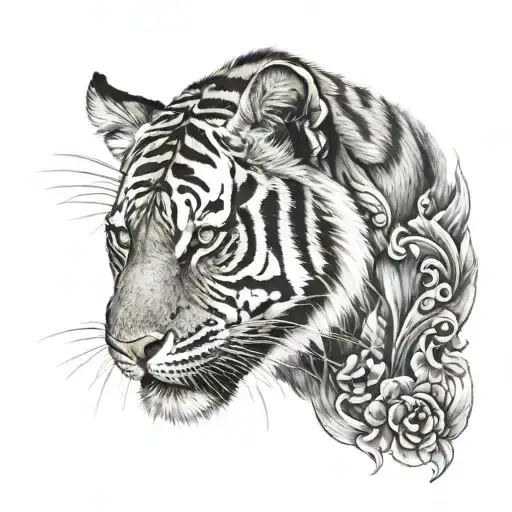 Half skull and half tiger head profile holding tattoo design idea