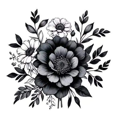 January, February, September flower bouquet tattoo design idea