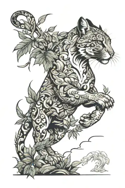 A fierce puma stalking through a dense forest tattoo design idea