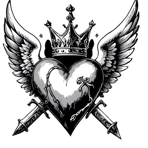 heart with wings and crown crossed with 2 swords on you say 2m tattoo design idea