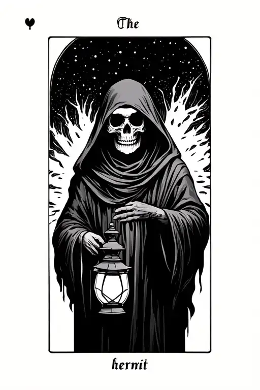 The hermit tarot card walking sideways in darkness holding a lantern thats emitting light. Skull face cloaked in hood tattoo design idea