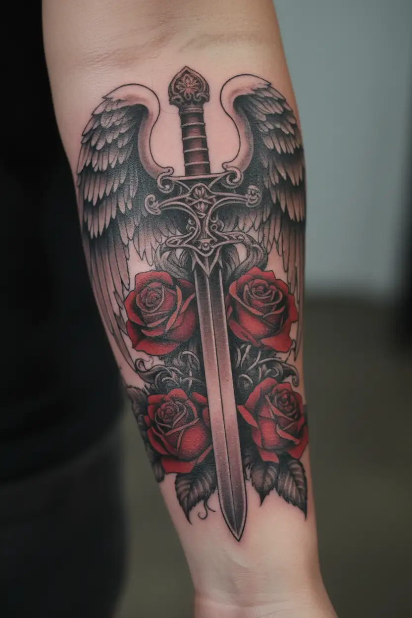 angel wings behind a sword, roses tattoo design idea