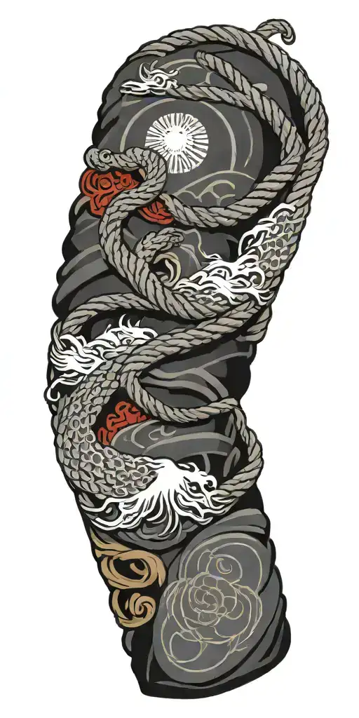 a Japanese rope going around the arm with Japanese omamori amulets  tattoo design idea