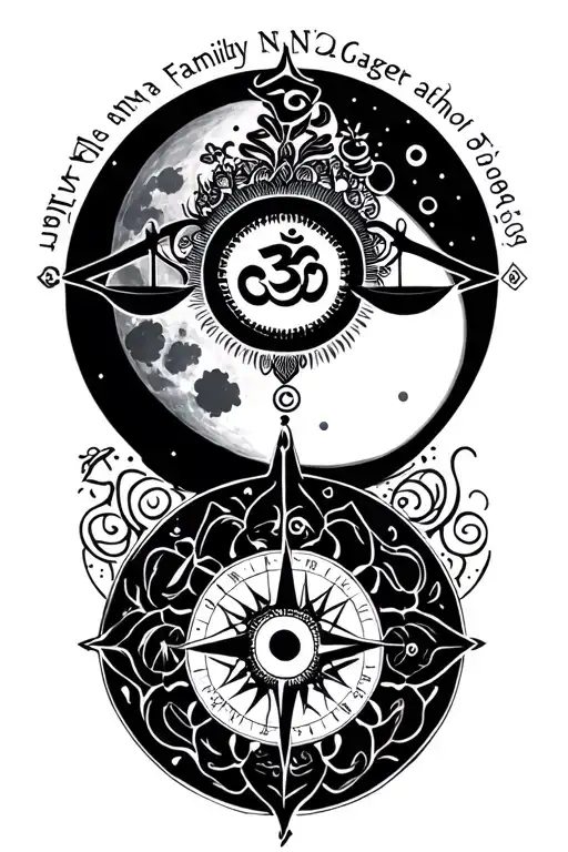 family symbol + balance scale + moon + spiritual symbols + om mandala + strength quotes + compass + third eye  tattoo design idea