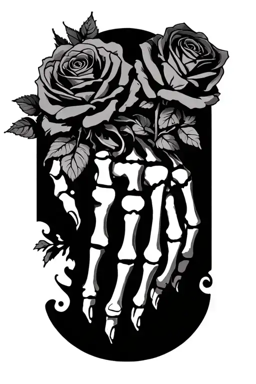 intertwined roses leading to a skeleton hand that goes on the hand tattoo design idea