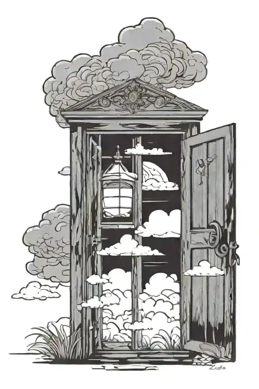 door slightly open, shining behind, sign with clouds on the door tattoo design idea