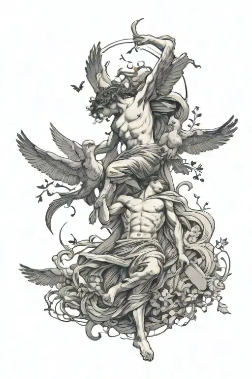 orpheus saving eurydice and birds flying away tattoo design idea