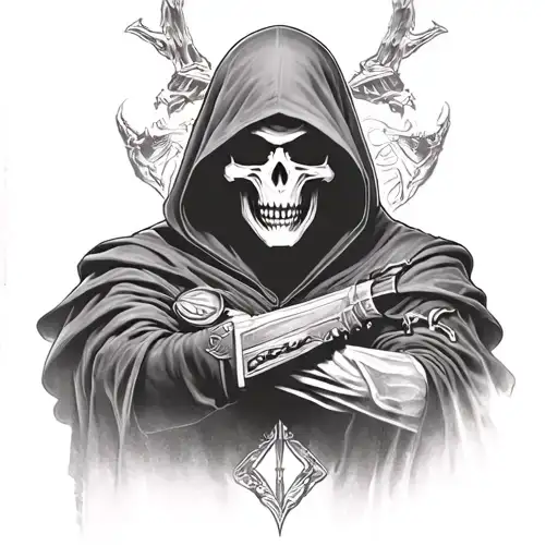 reaper full body, hooded, dark tattoo design idea