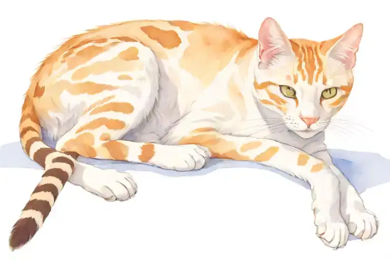 skinny female tabby cat, short hair, white hair on belly and chest, orange spot on head,, white paws. tattoo design idea