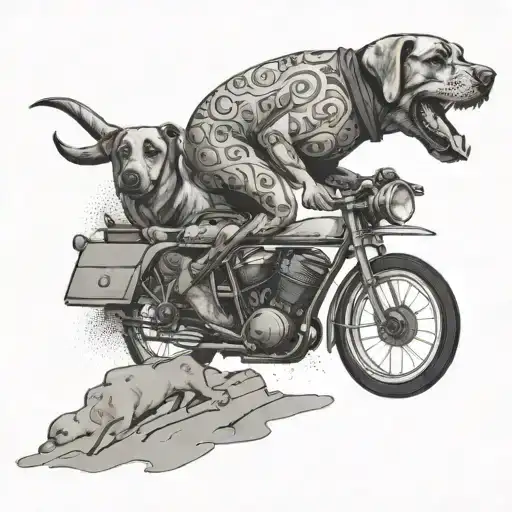 An engine driver riding a Gravel Bike with a Labrador Retriever running alongside tattoo design idea
