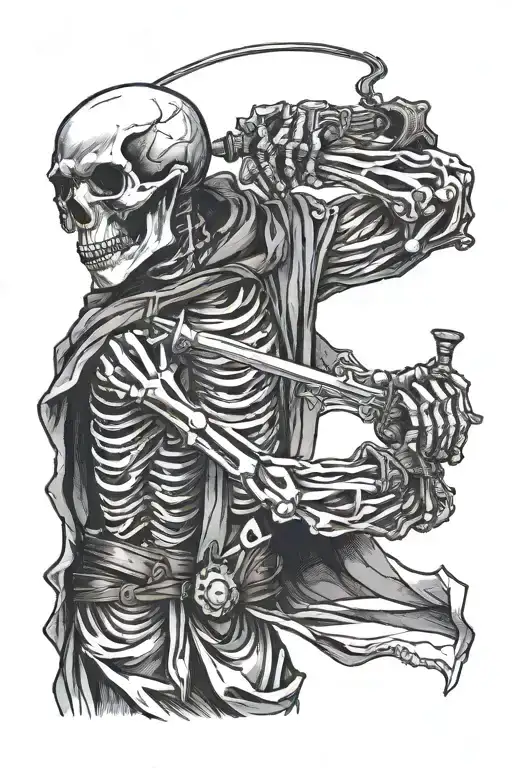 Sketch of tattoo sideways view, skeleton in black robe, sword in one hand, scales in the other. tattoo design idea