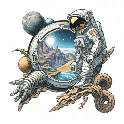 92 Til Infinity shining as a reflection in an astronauts view of a twisted new planet tattoo design idea