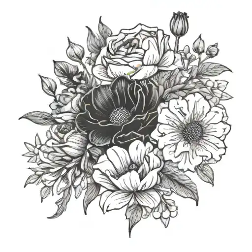 marigold, cosmos, poppy, and gladiolus’s  with the word everything  tattoo design idea