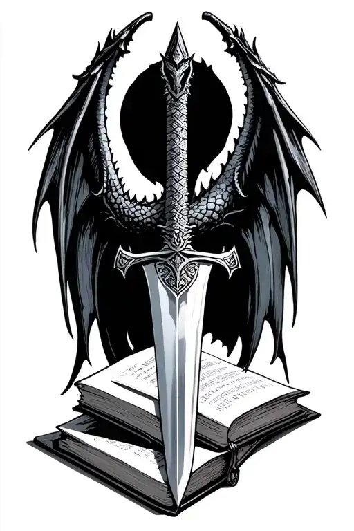 sword and books,and dragon wings tattoo design idea