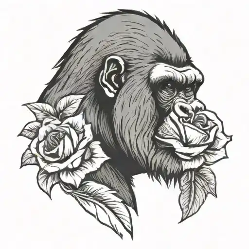 Silverback gorilla face with english  rose in his ear  tattoo design idea