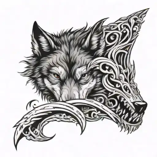 A wolf surrounded by waves, knifes and tears, also a date of birth in roman numbers "MCMLXXXI" tattoo design idea