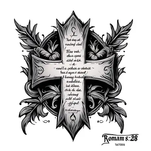 western tooling cross bible scripture romans 8:28 tattoo design idea