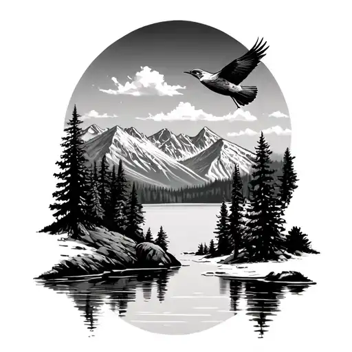A lake in the mountains sorounded by trees and a kestrel flying in the sku tattoo design idea
