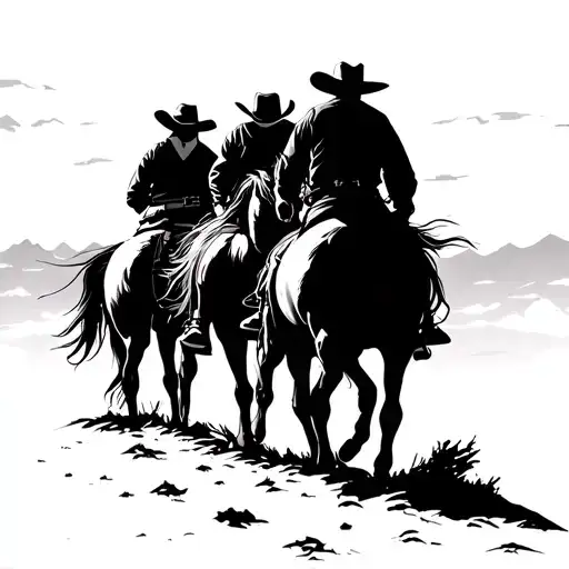 backside cowboys riding horses into a canyon with the sunset in background long ranger and toto tattoo design idea