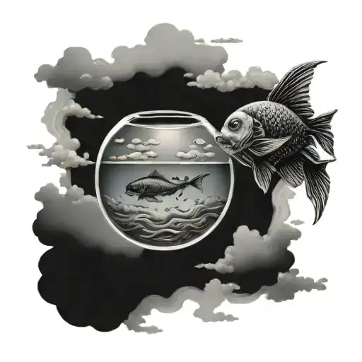 Two lost souls swimming in a fishbowl resting on blue clouds tattoo design idea