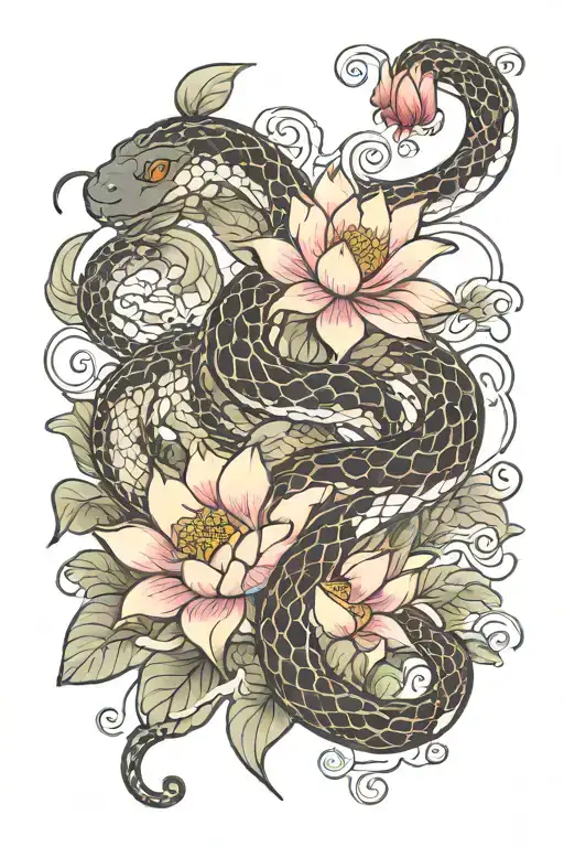 chinese snake and lotus flower blooming tattoo design idea
