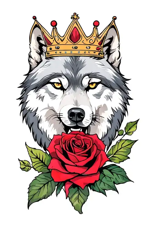 alpha wolf with a crown and a rose intertwined tattoo design idea