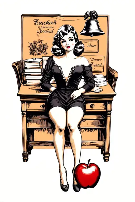 Combine a cartoon pinup girl with a classic teacher's desk, complete with an apple and school bell, in blackwork style tattoo design idea