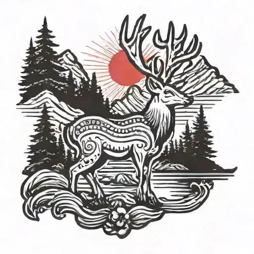 deer red sun moutain river surrounded tattoo design idea